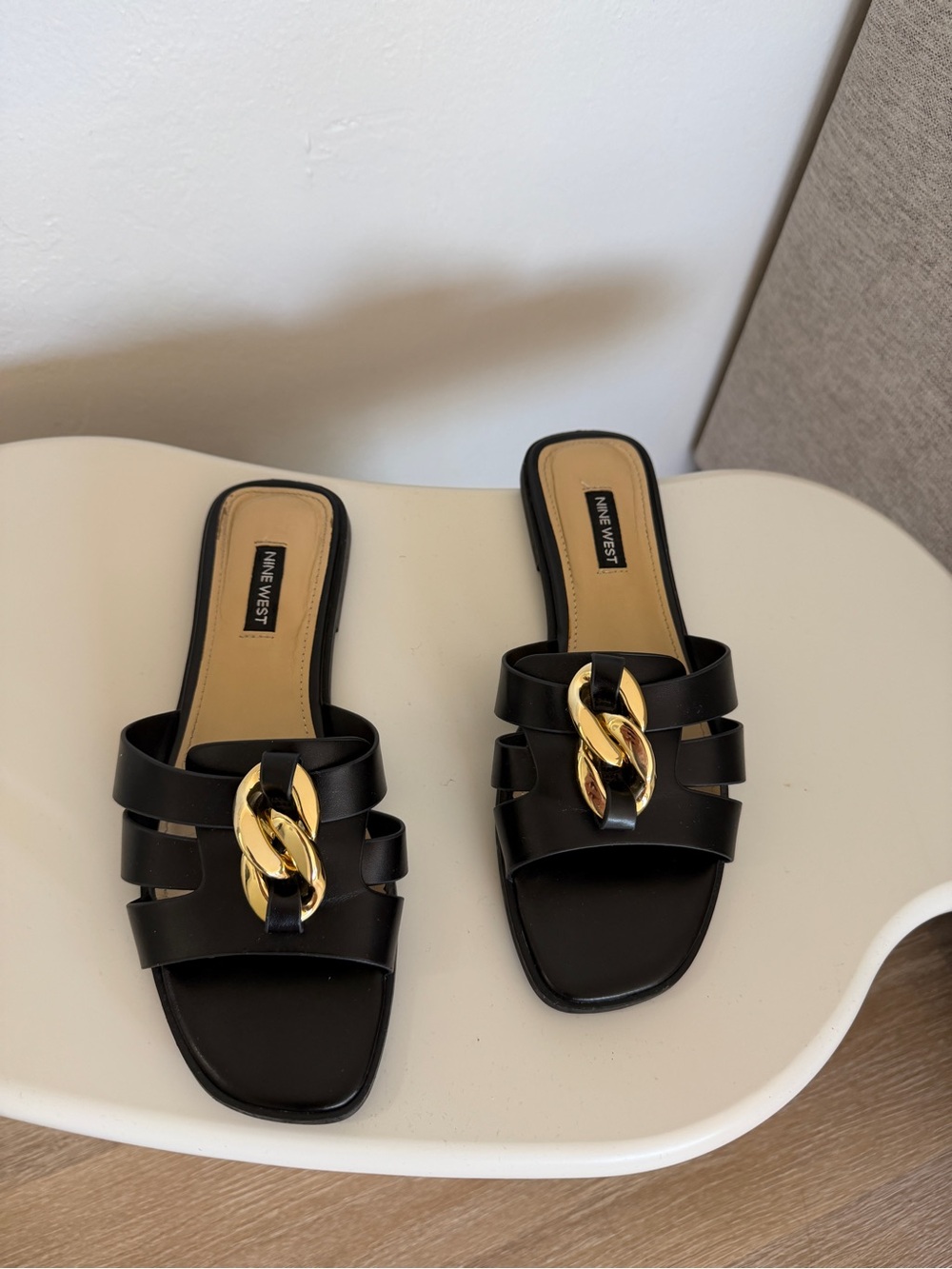 Nine West Black Slide Mules with Gold Chain Detail